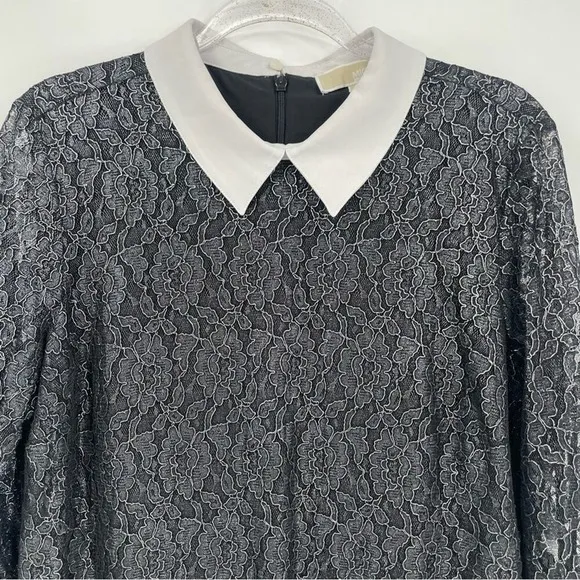 Michael Kors Floral Silver‎ Metallic Lace Shift Shirt Mini Dress Size 12 Black - Image 6