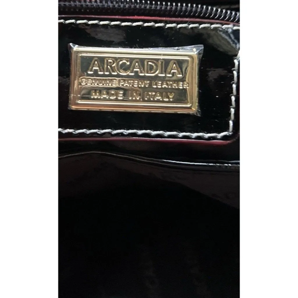 ARCADIA Italy Black Patent & Tan Leather Large Shoulder Handbag Purse Satchel - Image 3