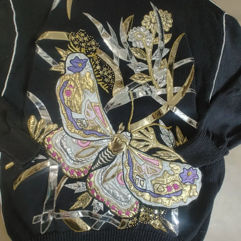 Bonnie Boerer Black Sweater Vintage 1987 Butterfly Appliqué Metallic Embroidery Size M - Image 13