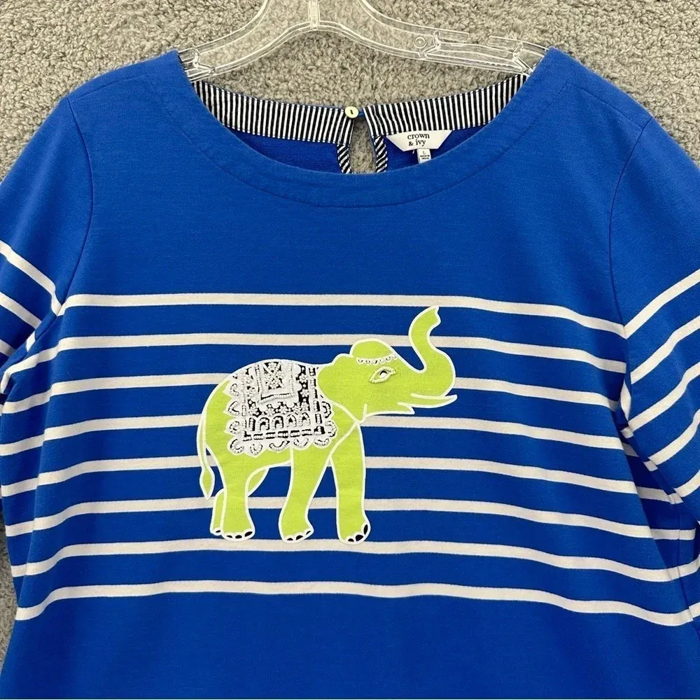 Crown &‎ Ivy Long Sleeve Top Beaded Elephant Blue White Striped Women's Large - Image 2