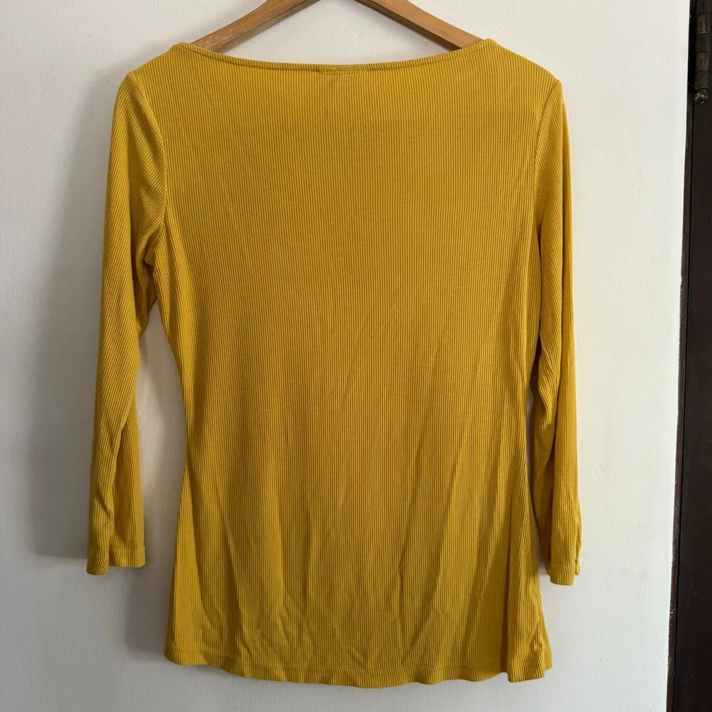 UNIQUE VINTAGE | Mustard Yellow Ribbed Boat Neck 3/4 Sleeve Shirt | Medium - Image 4