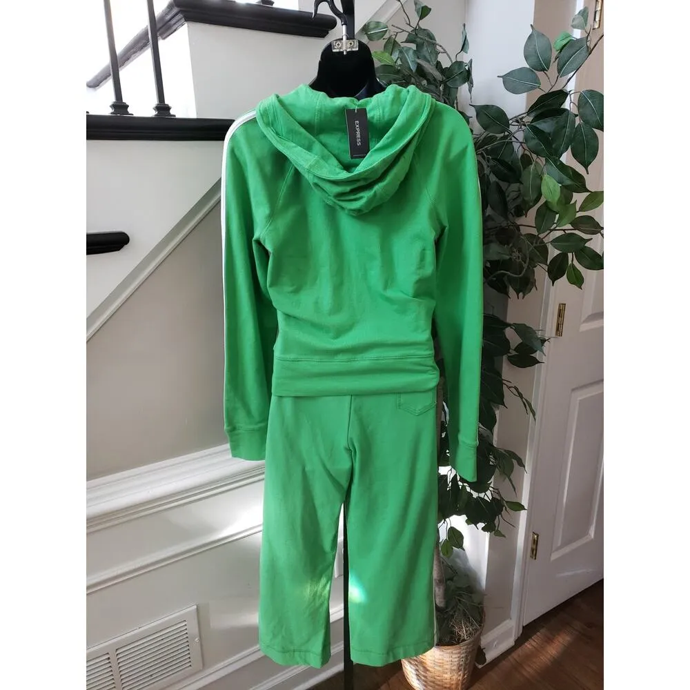 Express Track Suit Womens Medium Green Stripe Active Kangaroo Pocket Full Zip - Image 4