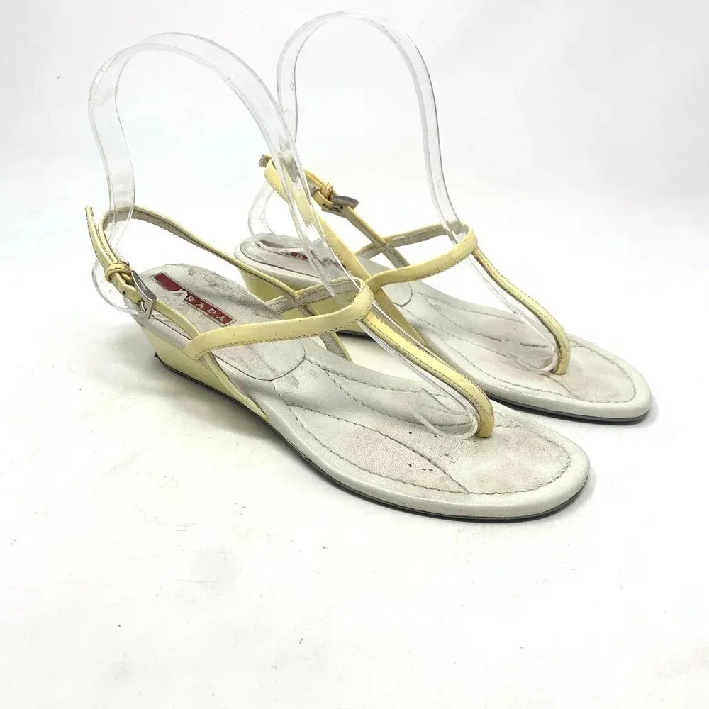 Prada Sport Thong Wedge Sandals in Yellow‎ Leather Size US 6.5 *damaged - Image 4