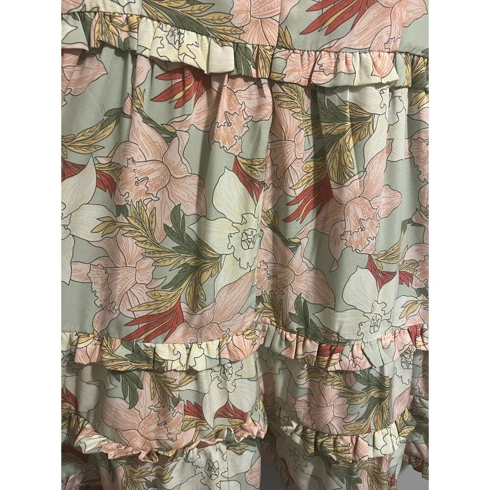 THML Halter Flower Print Midi Dress in Sage Green Lined Tiered Ruffles Women's M - Image 5