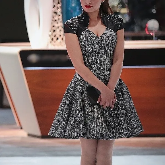 Rubin Singer Vintage Leather Black White Gray Print Collared Flounce Dress 0 - Image 5