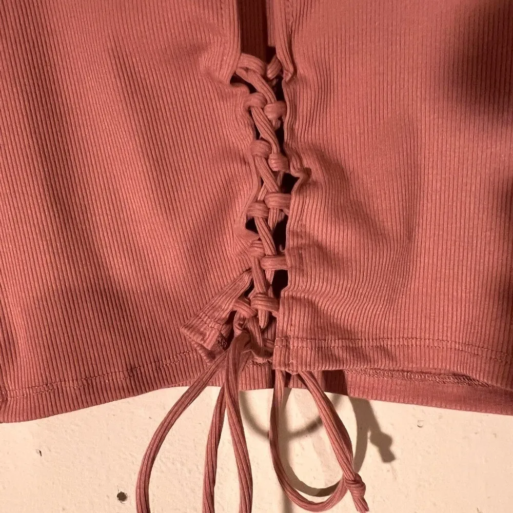Heart & Hips Mauve  Ribbed Crop Top Women Large Long Sleeve Corset Tie Front Y2K - Image 3