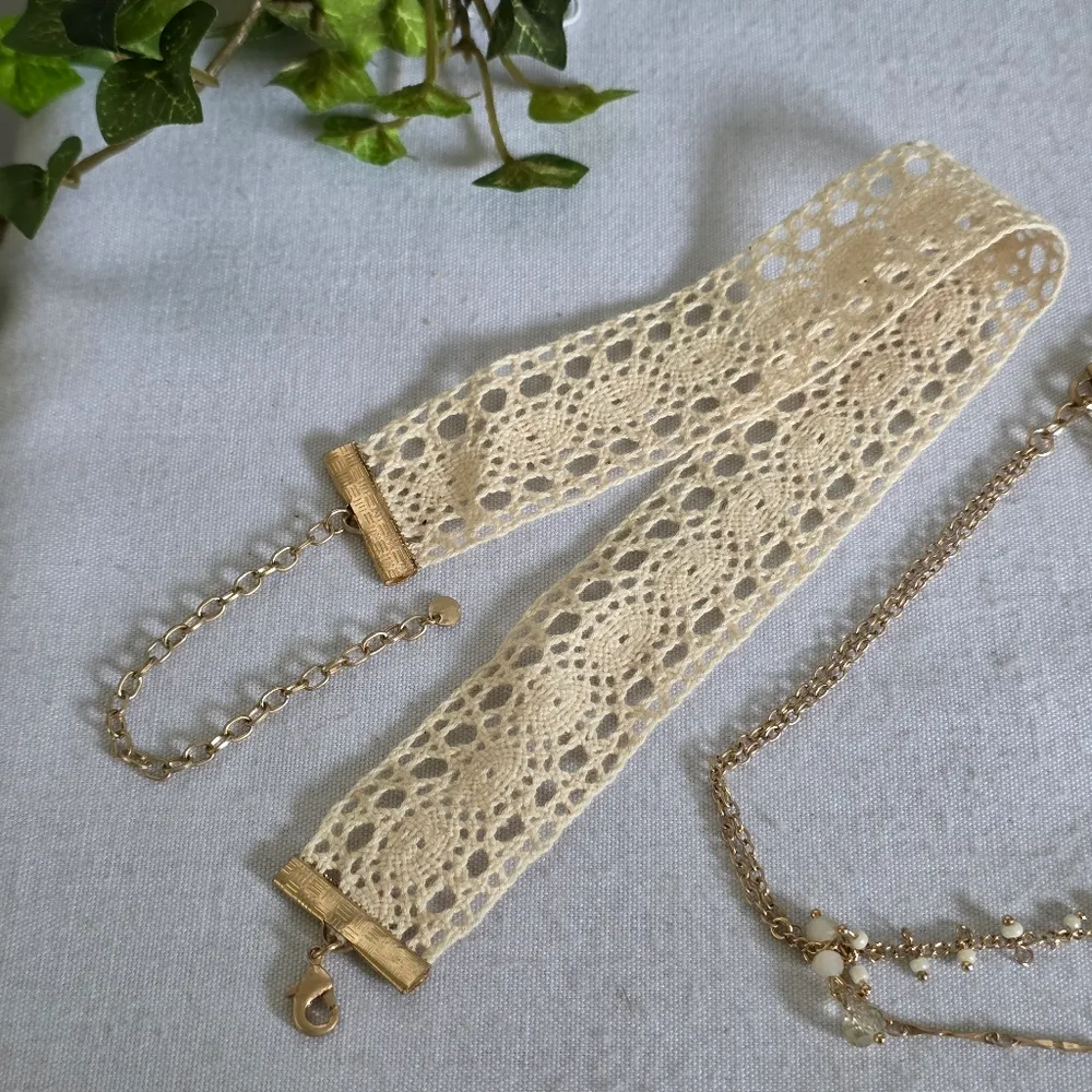 Double Choker Necklace Set Crochet and Double Strand Chain Gold - Image 4