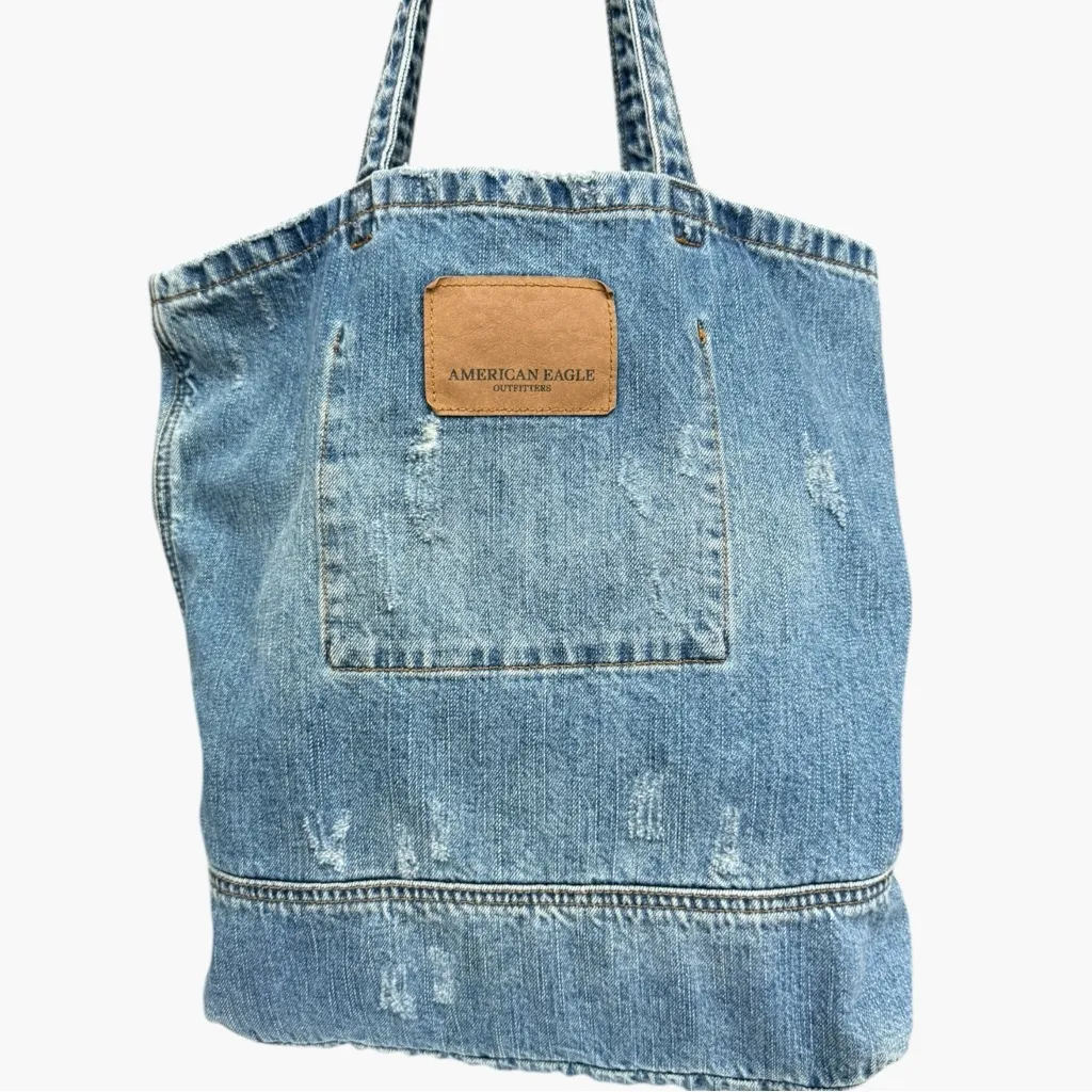 American Eagle Denim Tote Bag Blue Graphic Shoulder Bag 2017 Book Tote Beach Bag - Image 4