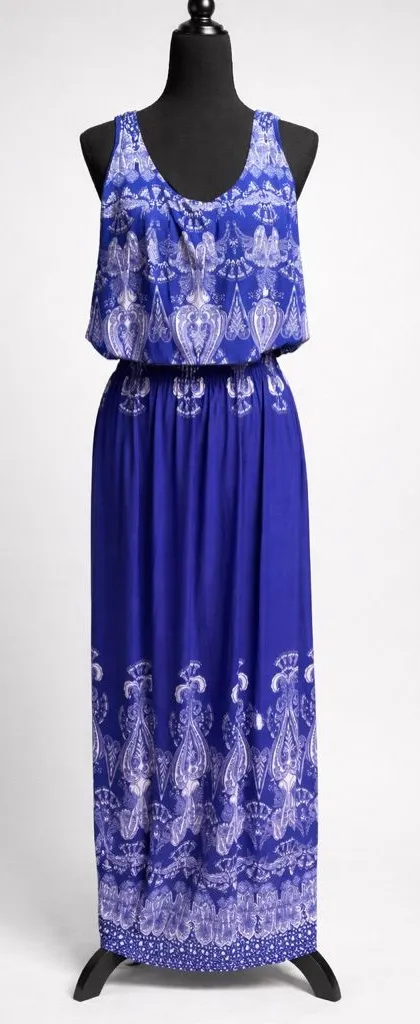 Blue Paisley Maxi Dress Sleeveless Smocked Waist Lined Boho Size L Size L - Image 1