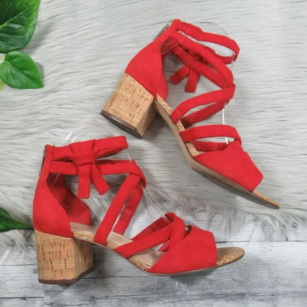 NINE WEST Give It To Me Red Suede Strappy Cork Heel Sandal Women’s Size 7.5 - Image 3