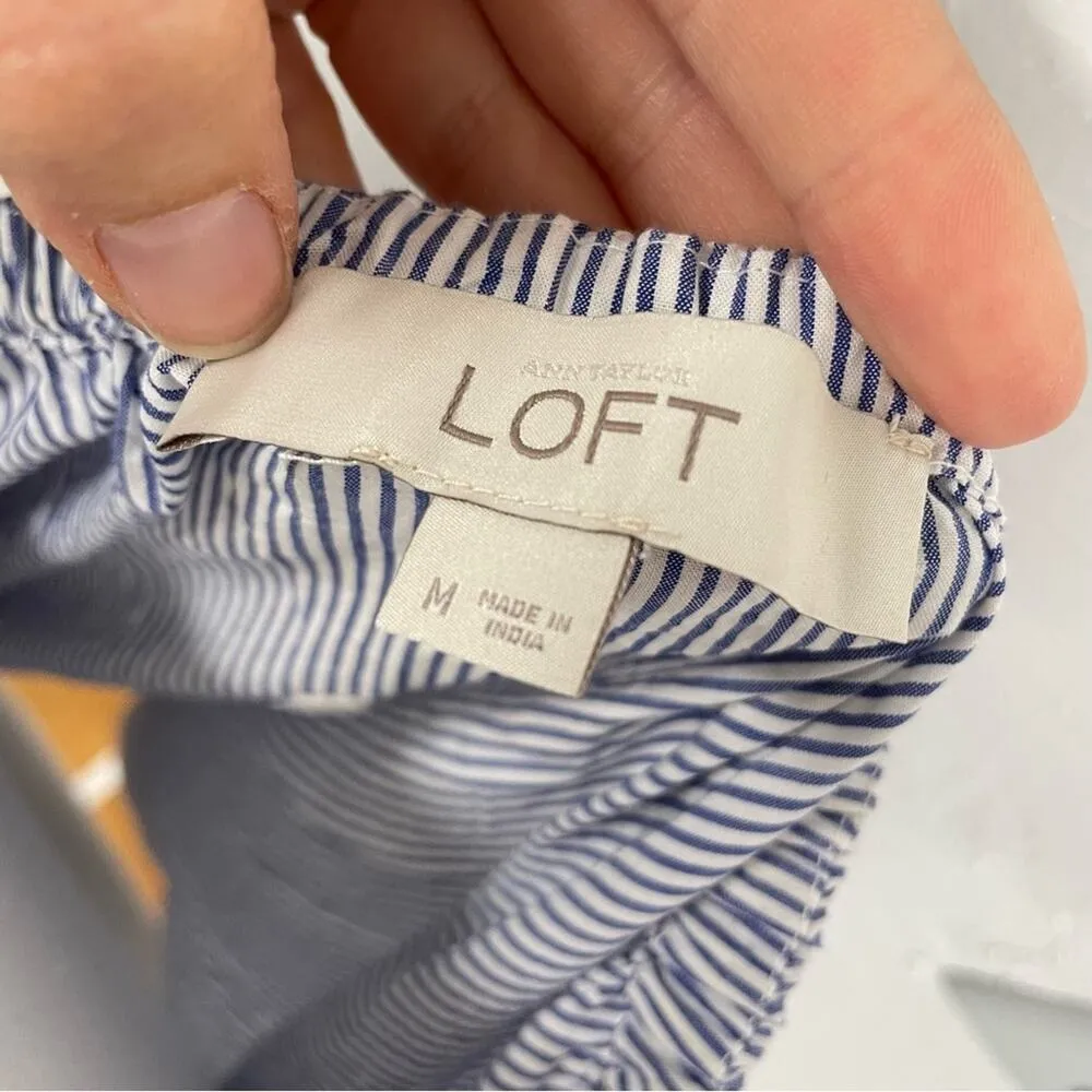 Loft Blue & White Striped Off Shoulder Embroidered Floral Appliqué Womens Top M - Image 2