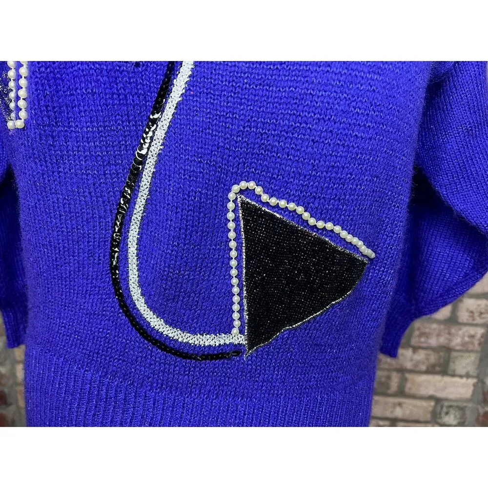 sweater vintage 1980s geometric beads purple black cream Size L - Image 6
