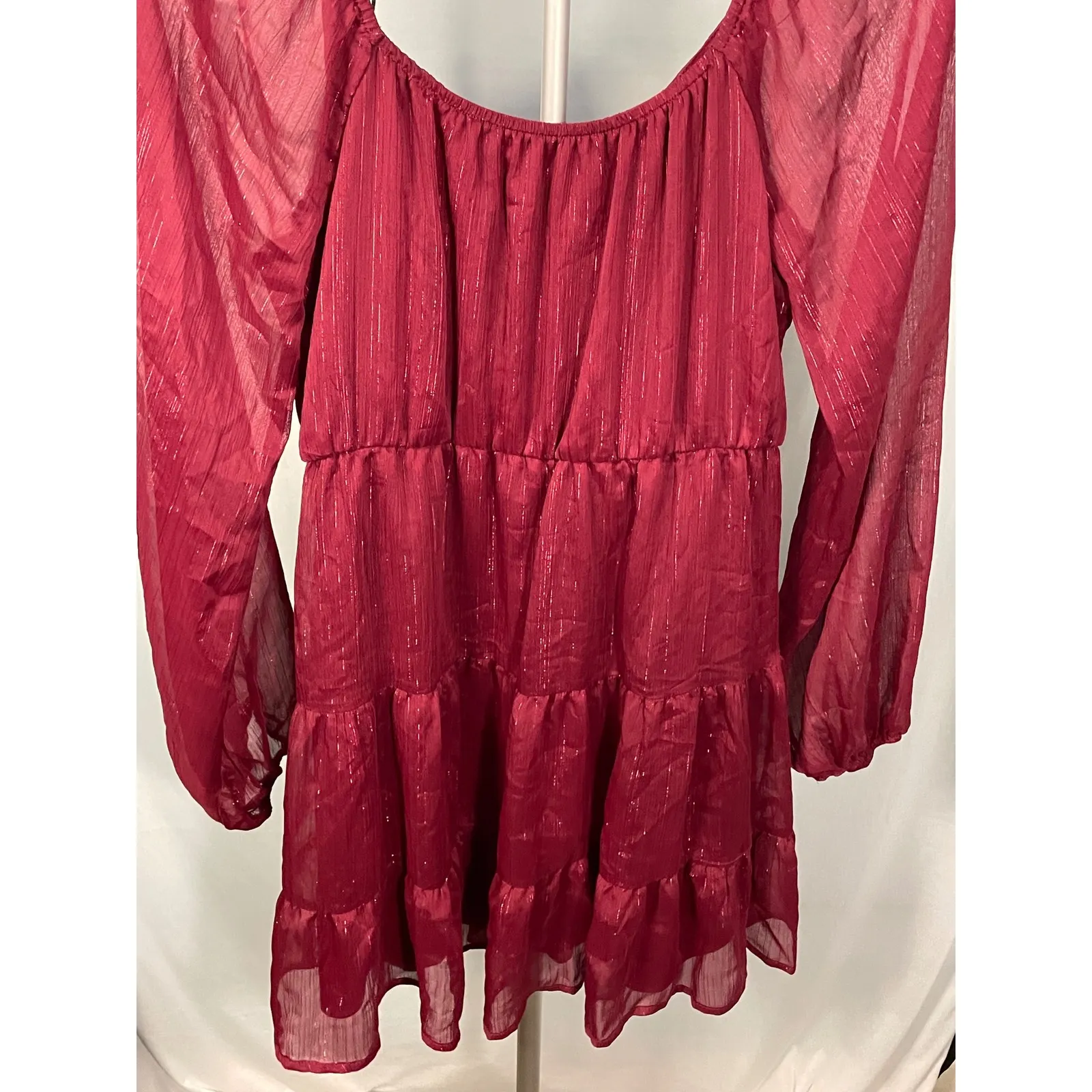 Altar State Burgundy Metallic Tiered Long Sleeve Babydoll Dress XL‎ - Image 7