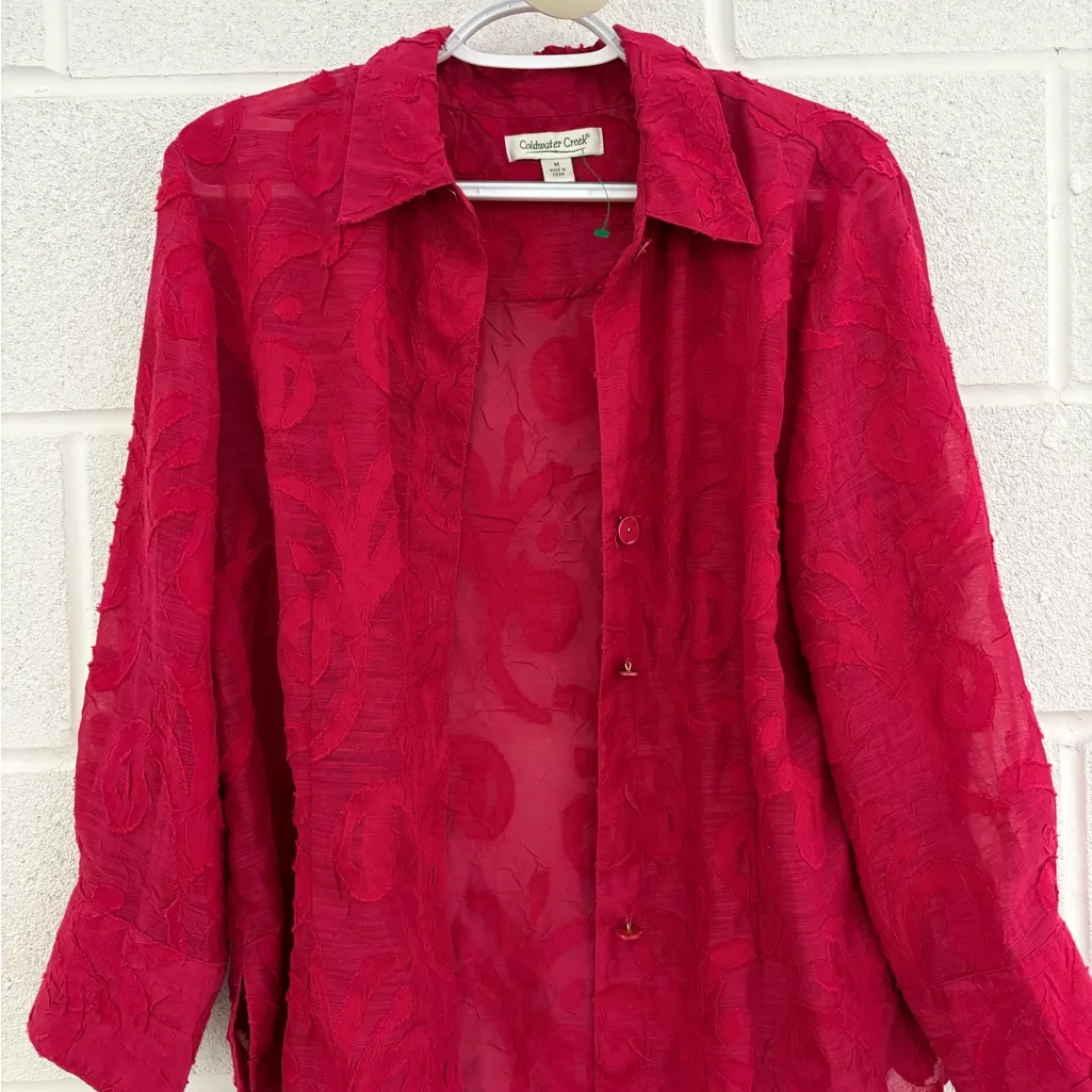 Coldwater Creek Elegant Red Top With Mesh Cut Out Design and Big Cuff Sleeves - Image 11