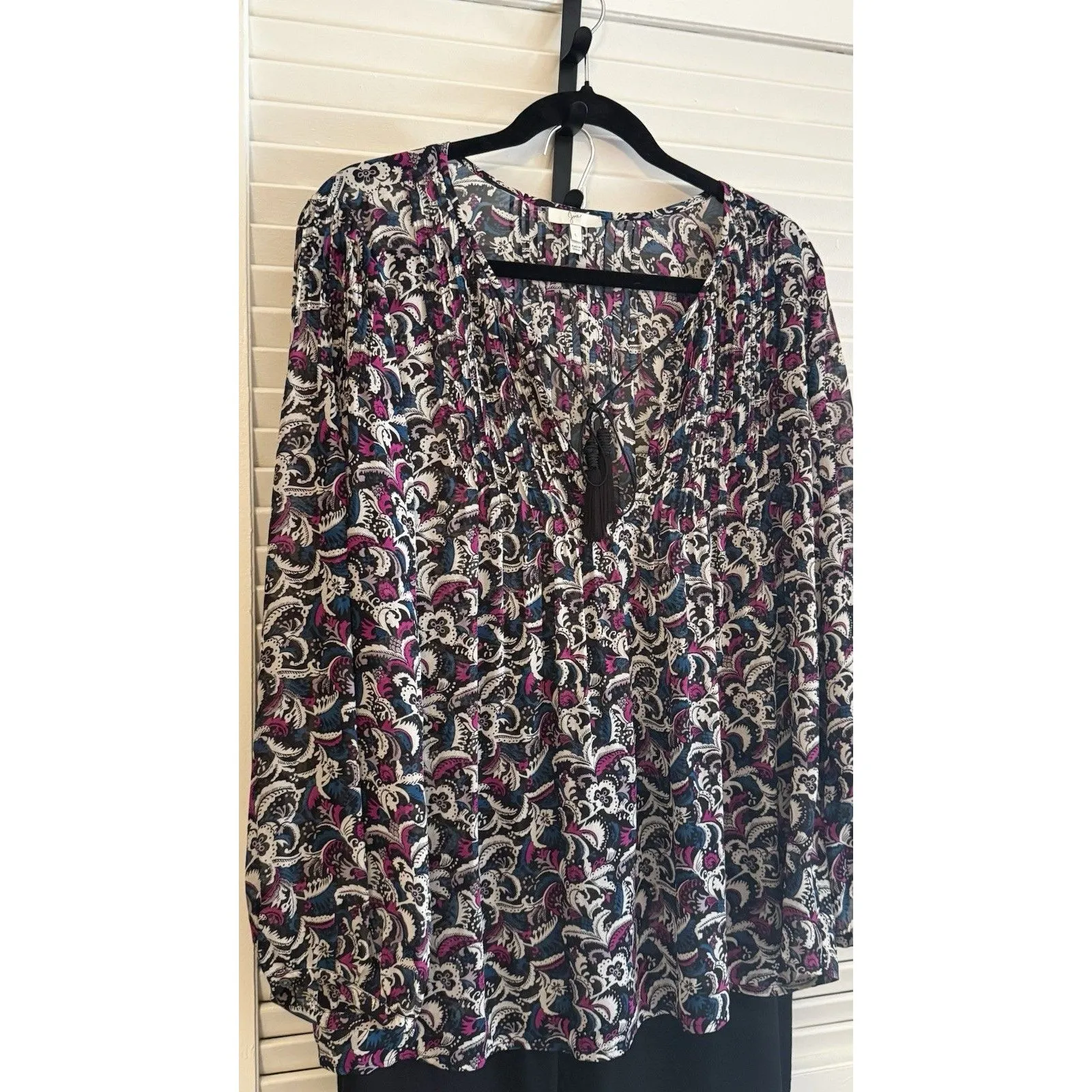 JOIE 100% Silk Paisley Bishop Sleeve Blouse Pleated Tasseled Boho Cottage Size L - Image 2