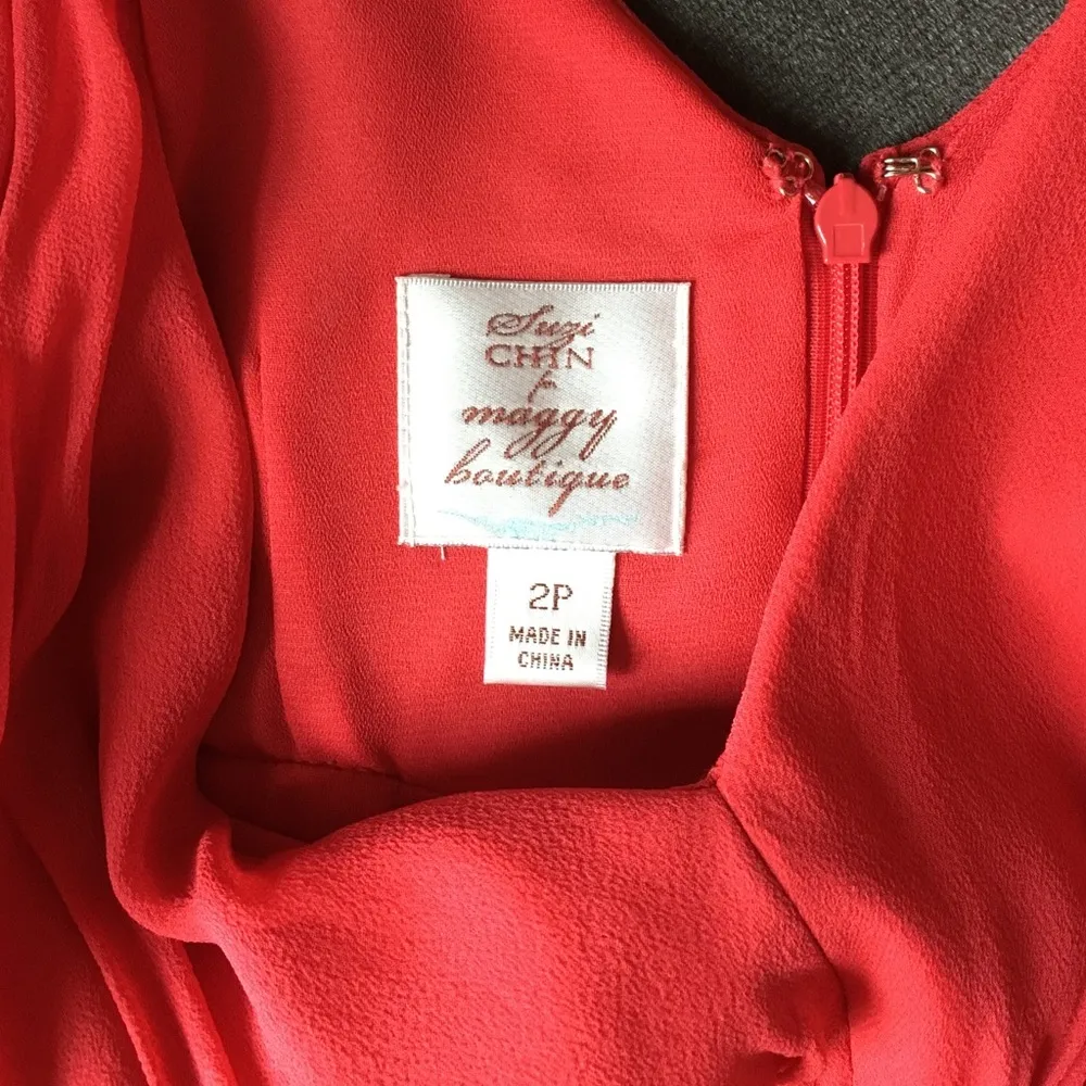 Suzy Chin Coral Red Silk Chiffon Cap Sleeve Ballerina Dress, 2 Petite Size 2P - Image 3