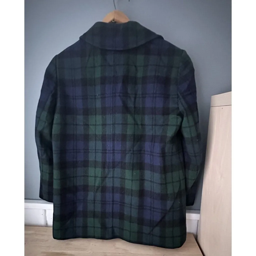 VTG 70s 80s PENDLETON TARTAN PLAID NAVY GREEN WOOL PEA COAT DOUBLE BREAST SZ 10 - Image 3