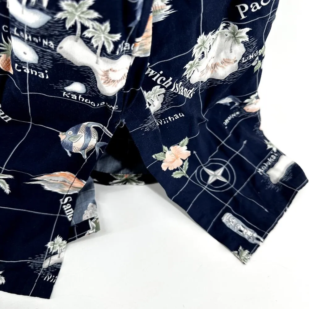 Vintage Hilo Hattie Hawaiian Dress Maxi Tank Map Print Side Slit Navy 2X Blue Size XXL - Image 2