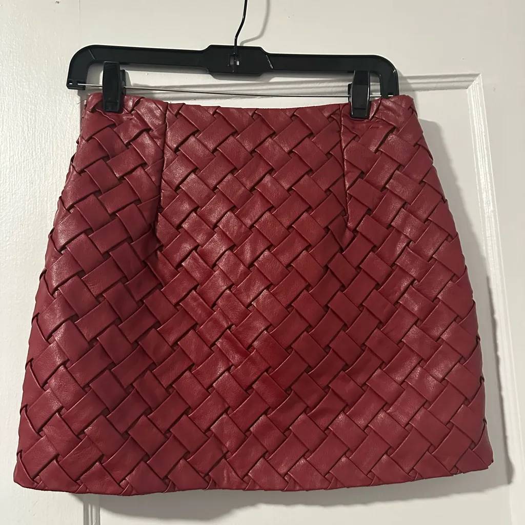 Faux Leather Woven Skirt in Wine Red - Image 2