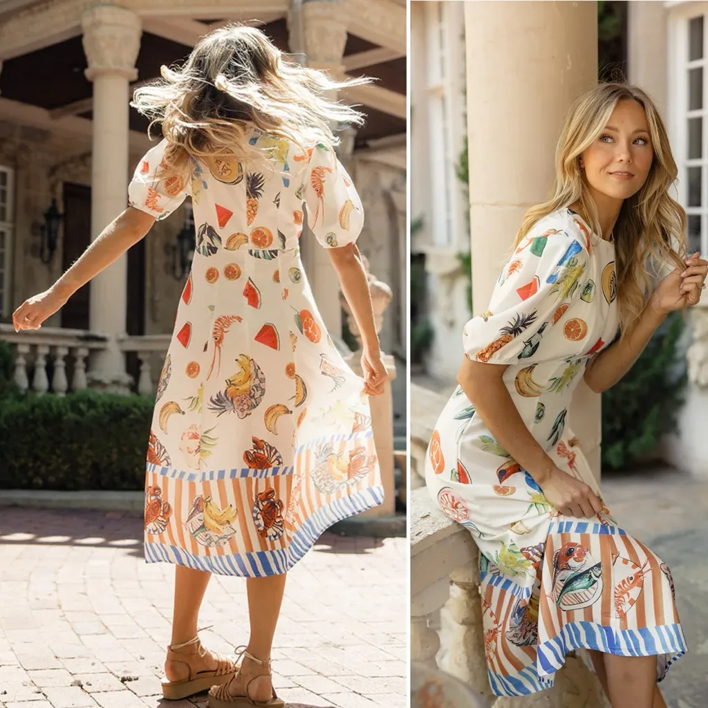 Alemais Theo Midi Dress Tropical Print Linen Cotton Puff Sleeve Size 0 NWT White - Image 11