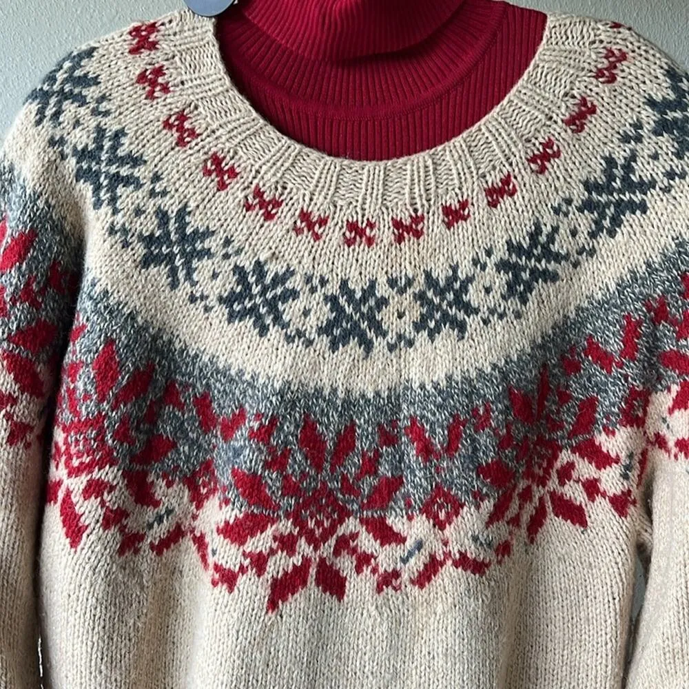 Fair Isle Nordic Pattern Wool Sweater w/Ruby Red Turtleneck Sweater - Image 2