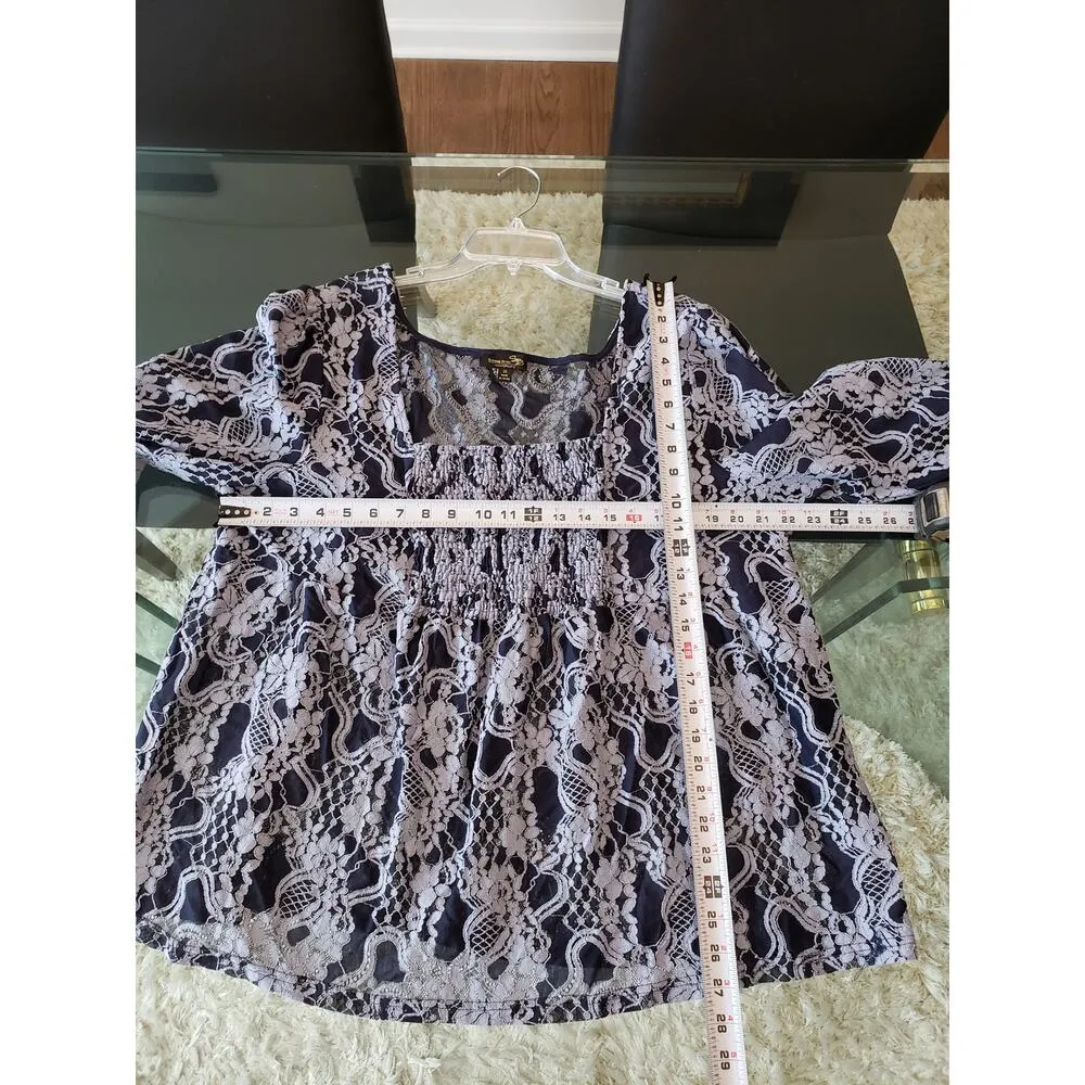 Women's Suzanne Betro Navy Lace Print 3X Top with Smocked Waist and Long Sleeves - Image 8
