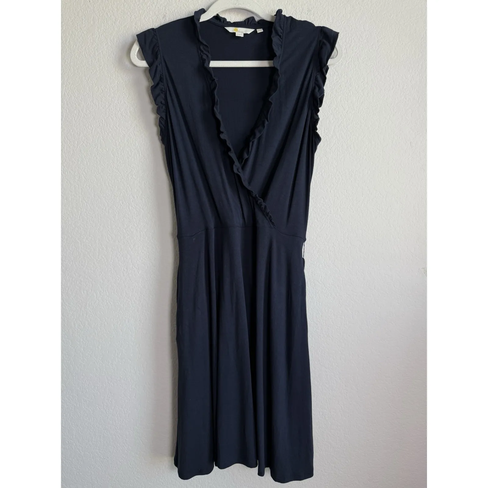 Boden Women's Sheath Ruffle Fixed Wrap Jersey Dress Navy Size 12 Casual Pockets Blue - Image 6