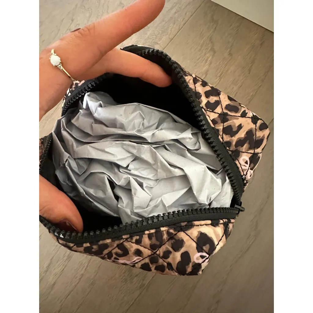 Women's Leopard Print Quilted Cosmetic Bag with Pink Bows Brown - Image 3