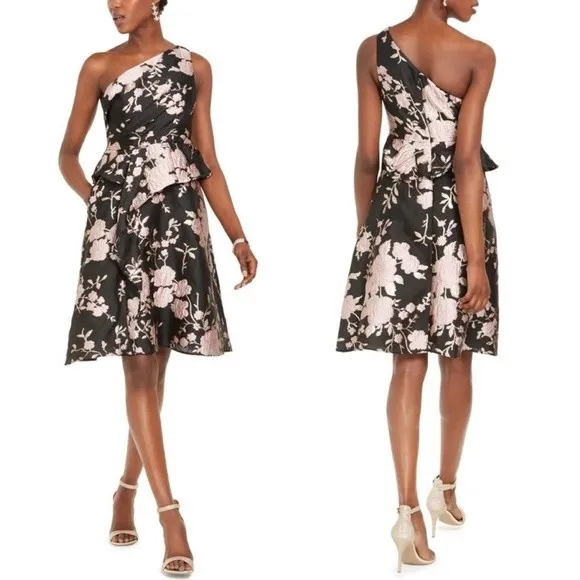 NWT Adrianna Papell One Shoulder Dress Black & Pink Floral Jacquard Size 6 NEW - Image 16