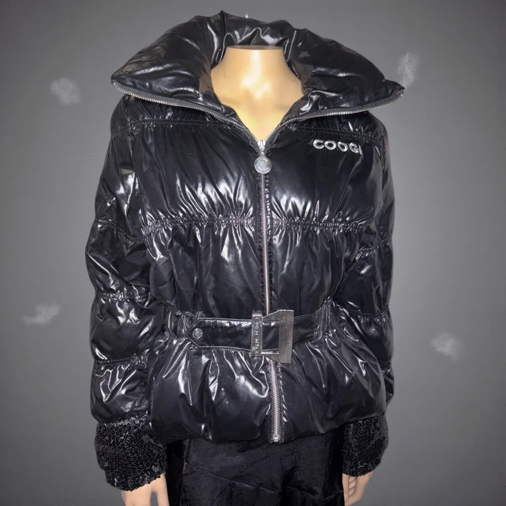 COOGI women’s Shiny Black Jacket with Faux Fur Trim size L - Image 4