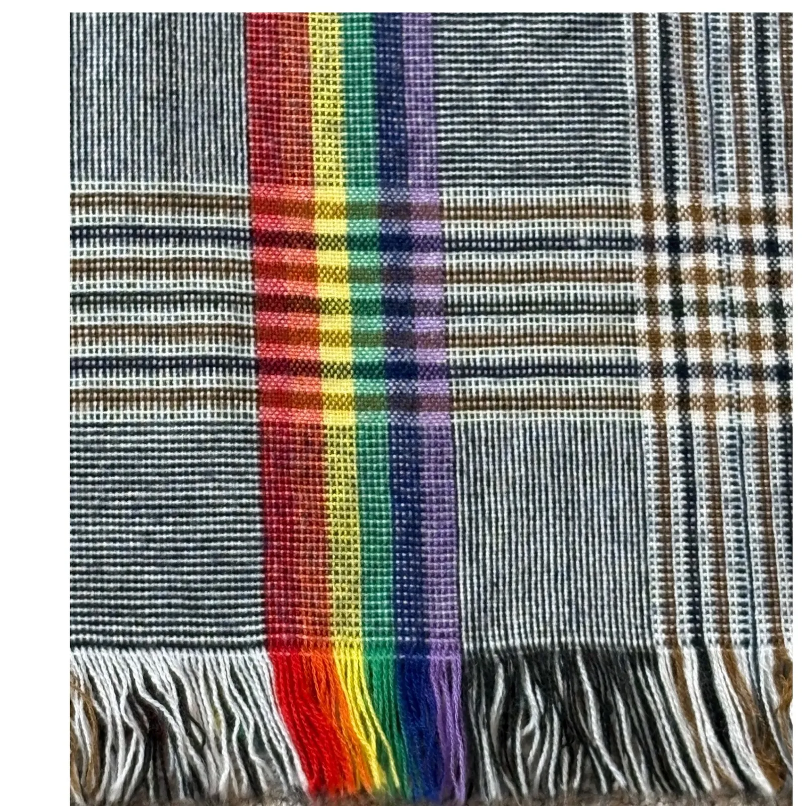 Glen Plaid Blanket Scarf Rainbow Stripe Fringe Accents Prince of Wales Preppy Gray - Image 2