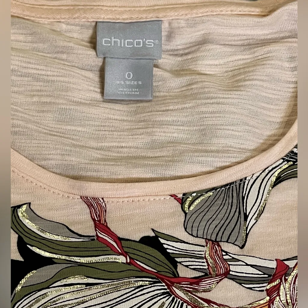 Chico's Peach Cotton Scoop Neck Metallic Tropical Floral Short Sleeve Tee - Image 4