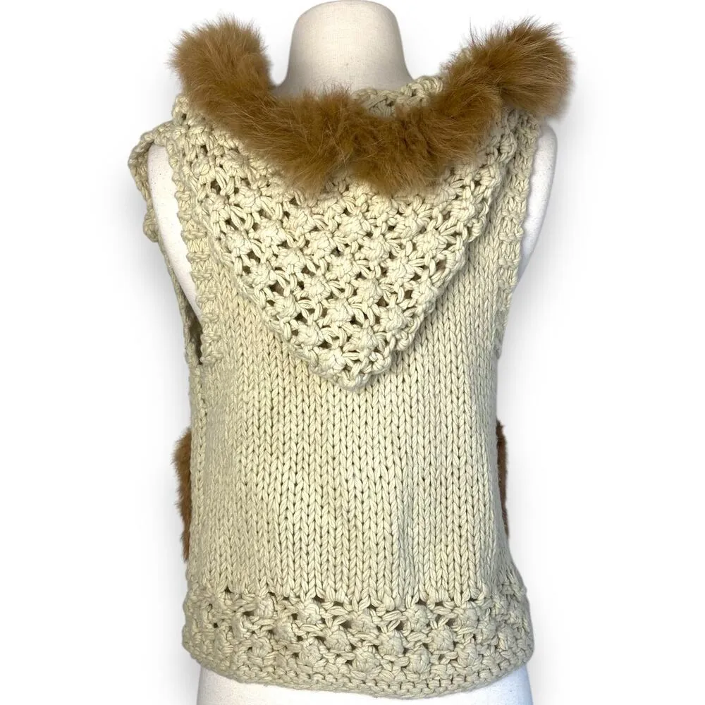 Hooded Boho Macrame Crochet Chunky Sweater Vest w Removable Faux Fur Collar Trim Brown Size M - Image 5