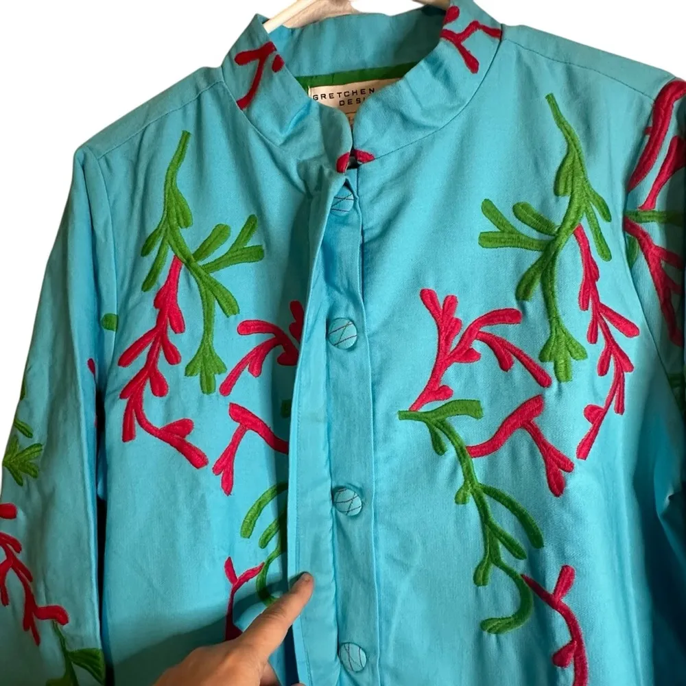 Gretchen Scott Designs NWT Blue Floral Embroidery Long Button Coat Size Large Green - Image 7
