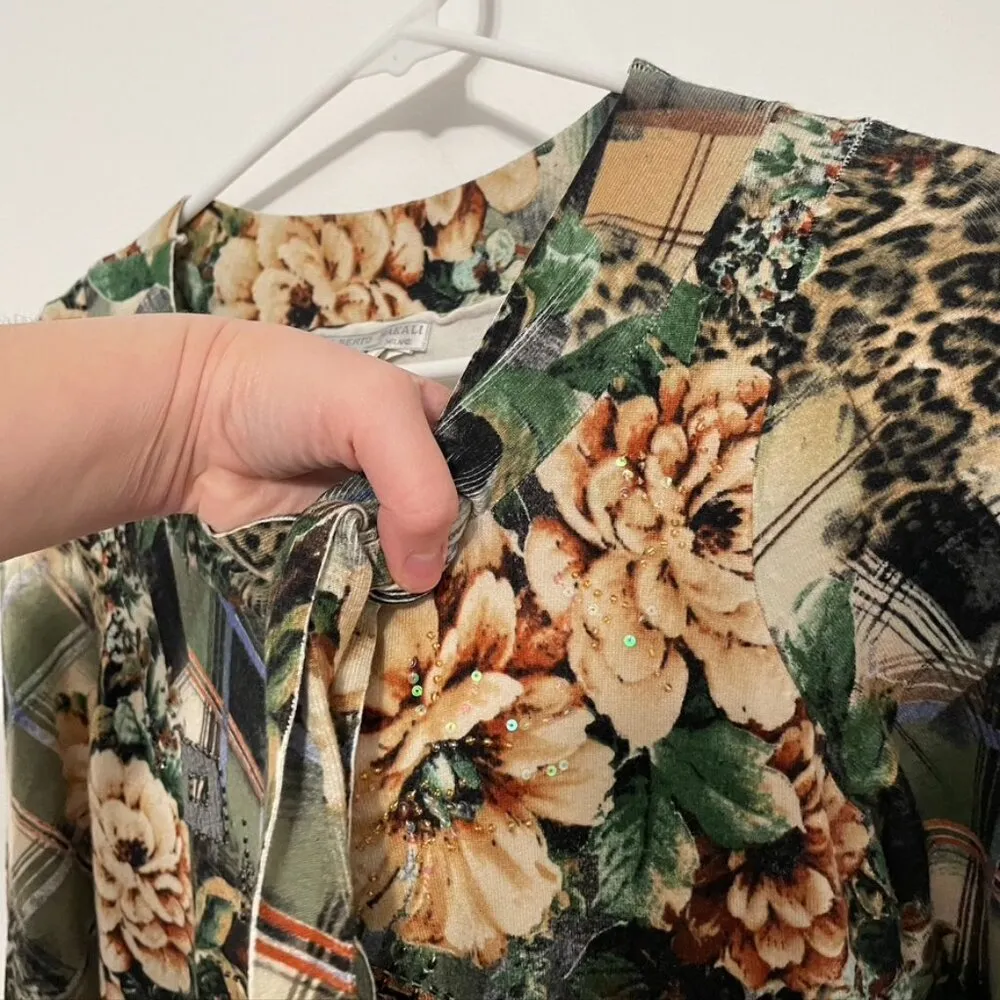 ALBERTO MAKALI Green Cream Leopard Cheetah Animal Floral Plaid 3/4 Sleeve Tunic - Image 5