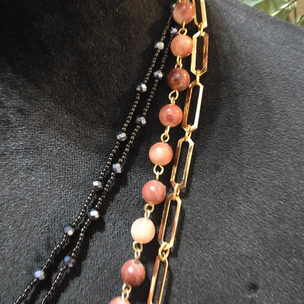 Womens Peach Pearl Rosary Chain Gold Tone Black Bead 3 Strand Pendant Necklace Orange - Image 4