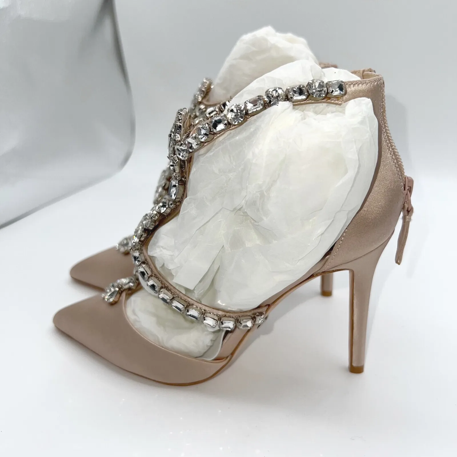 Badgley Mischka Womens 5 Crystal Embellished Satin Stiletto Heels Pump Champagne - Image 9