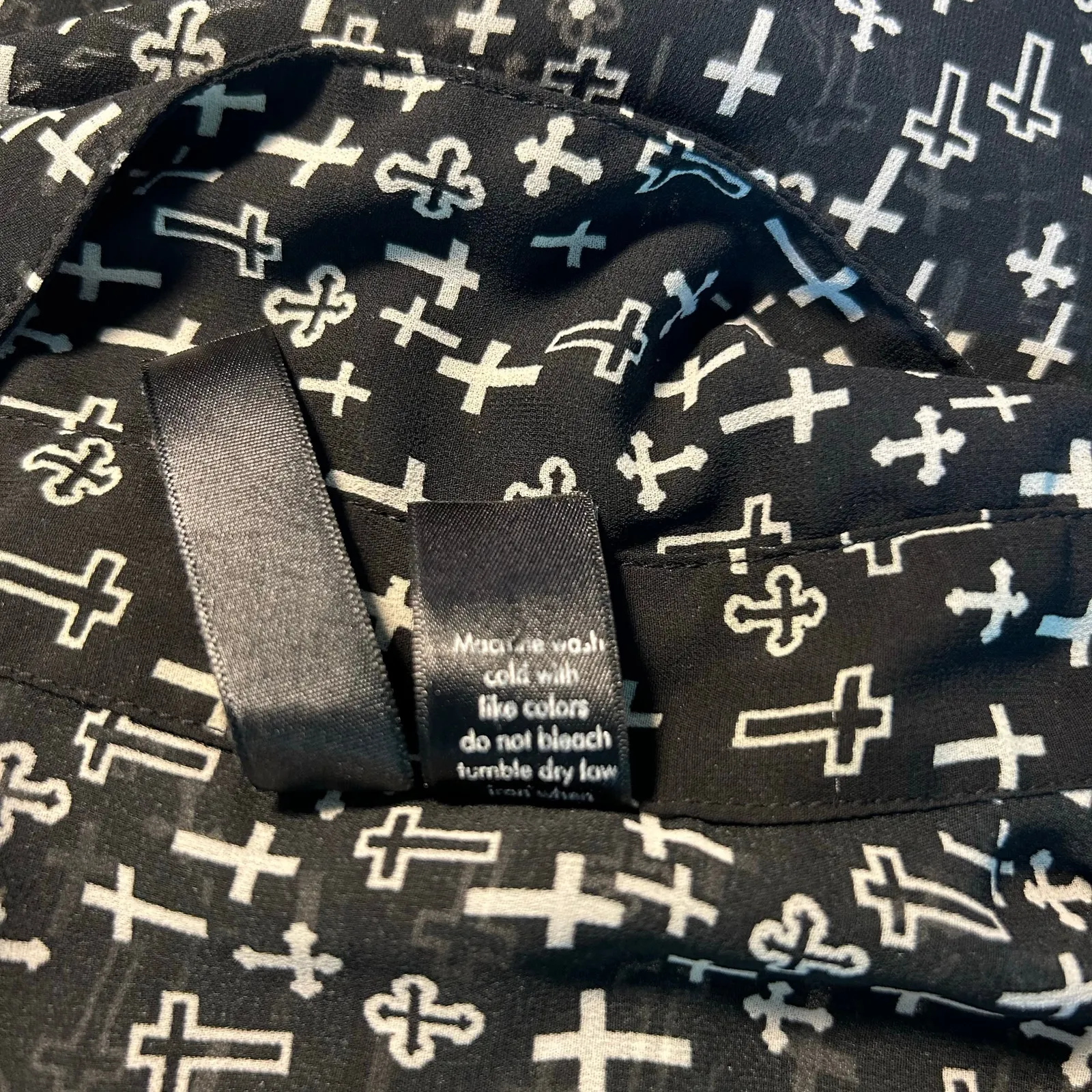 FUN & FLIRT Semi-Sheer Blouse Black W/ White Crosses Religious Punk Grunge Goth - Image 8