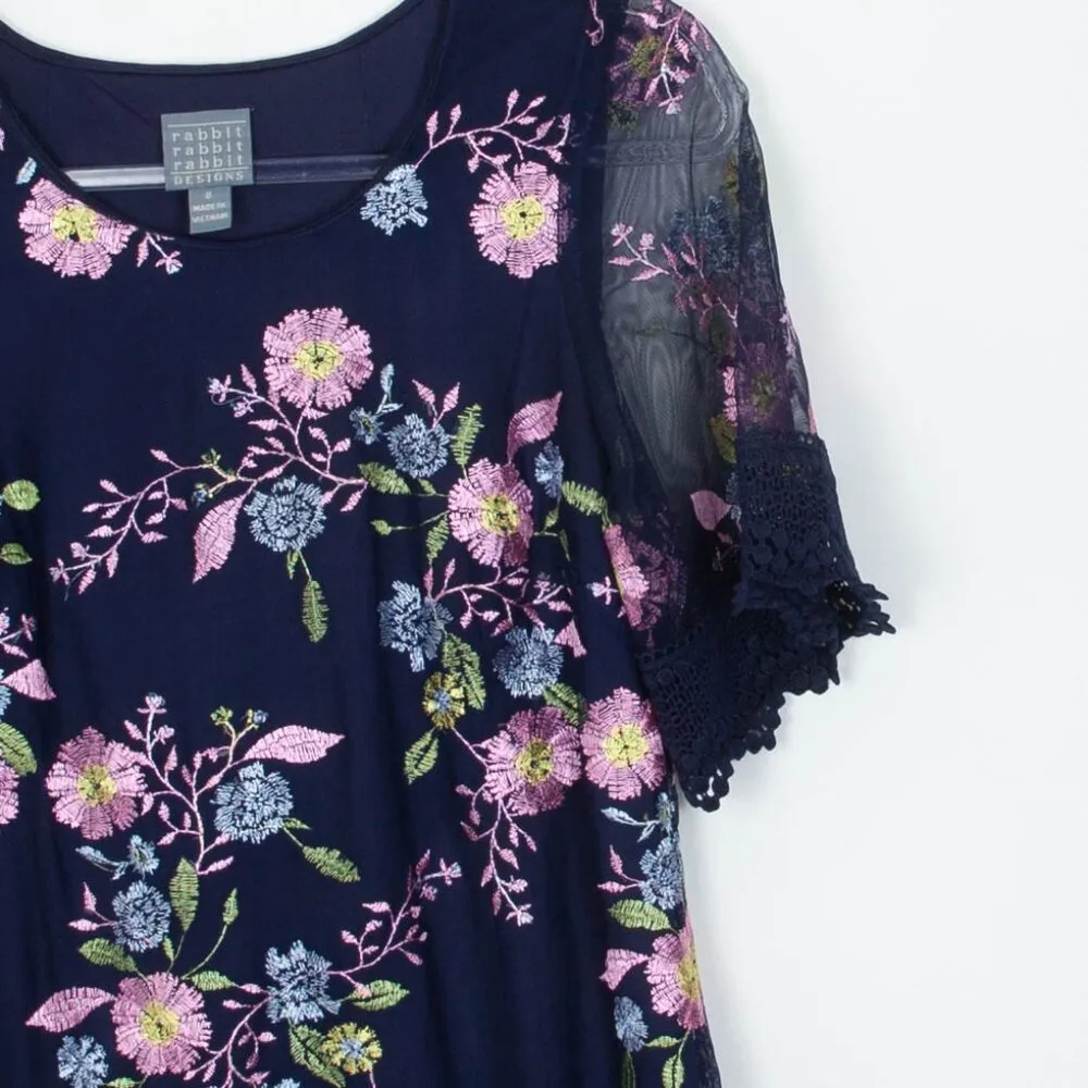 Rabbit Rabbit Rabbit Womens Floral Embroidered A Line Dress Size 8 Sheer Sleeves Blue - Image 2