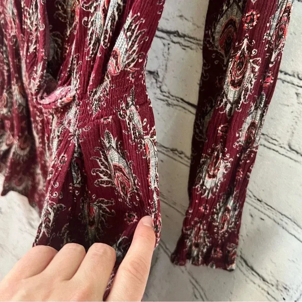 Band of Gypsies Long sleeve Deep V Burgundy Peacock‎ Feather Design Romper Small - Image 8