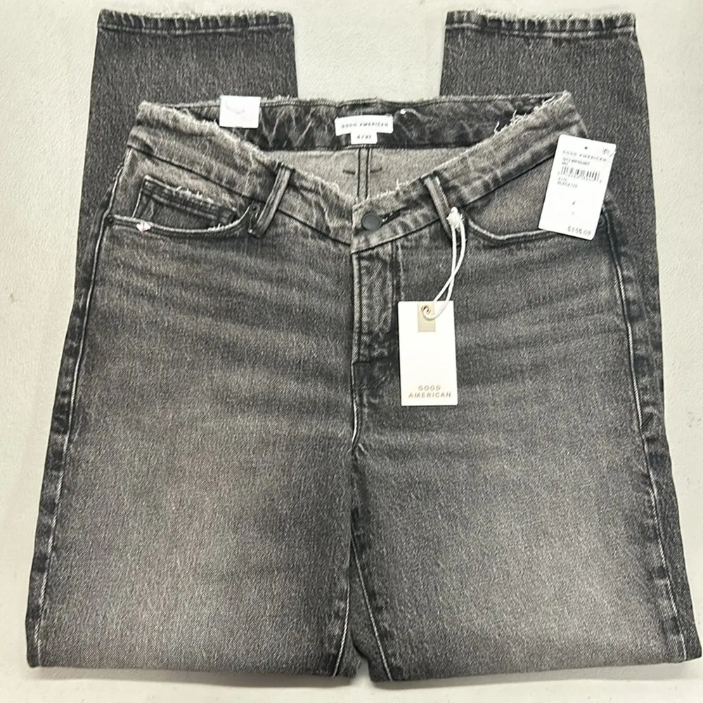 Good American Good Classic Low Fray Raw Hem Jeans Gray Black Jean - Image 8