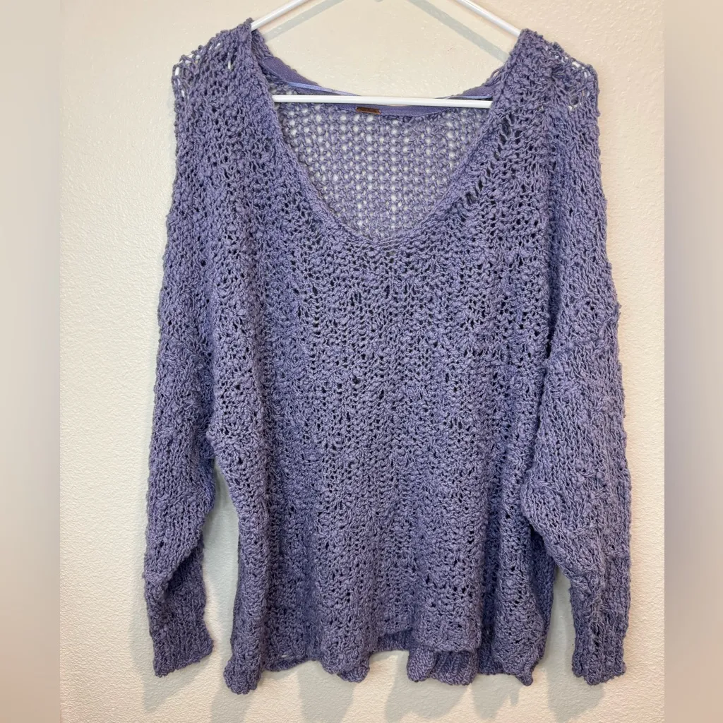 Free People Sunday Shore Cotton‎ Blend Chunky Open Knit Lavender Sweater Size M - Image 4