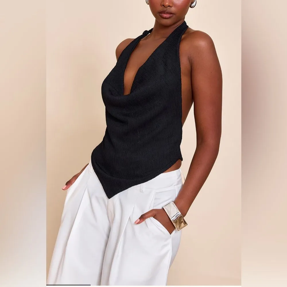 Pretty Little Thing Textures Knot Detail Cowl Neck Top Black Size 4 NWT - Image 2