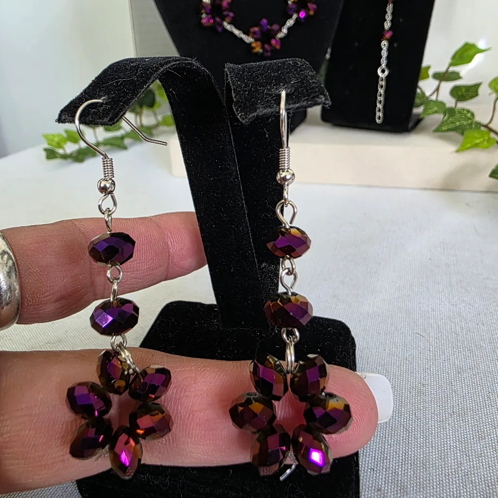 Faceted AB Purple Crystal Bead Flower Necklace Bracelet Earrings Set - Image 10