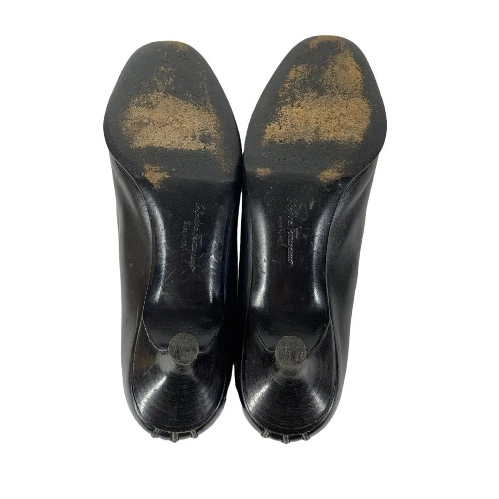 SALVATORE FERRAGAMO Black Leather Round Toe Low Heel Pumps Size 4.5 B Heels - Image 9