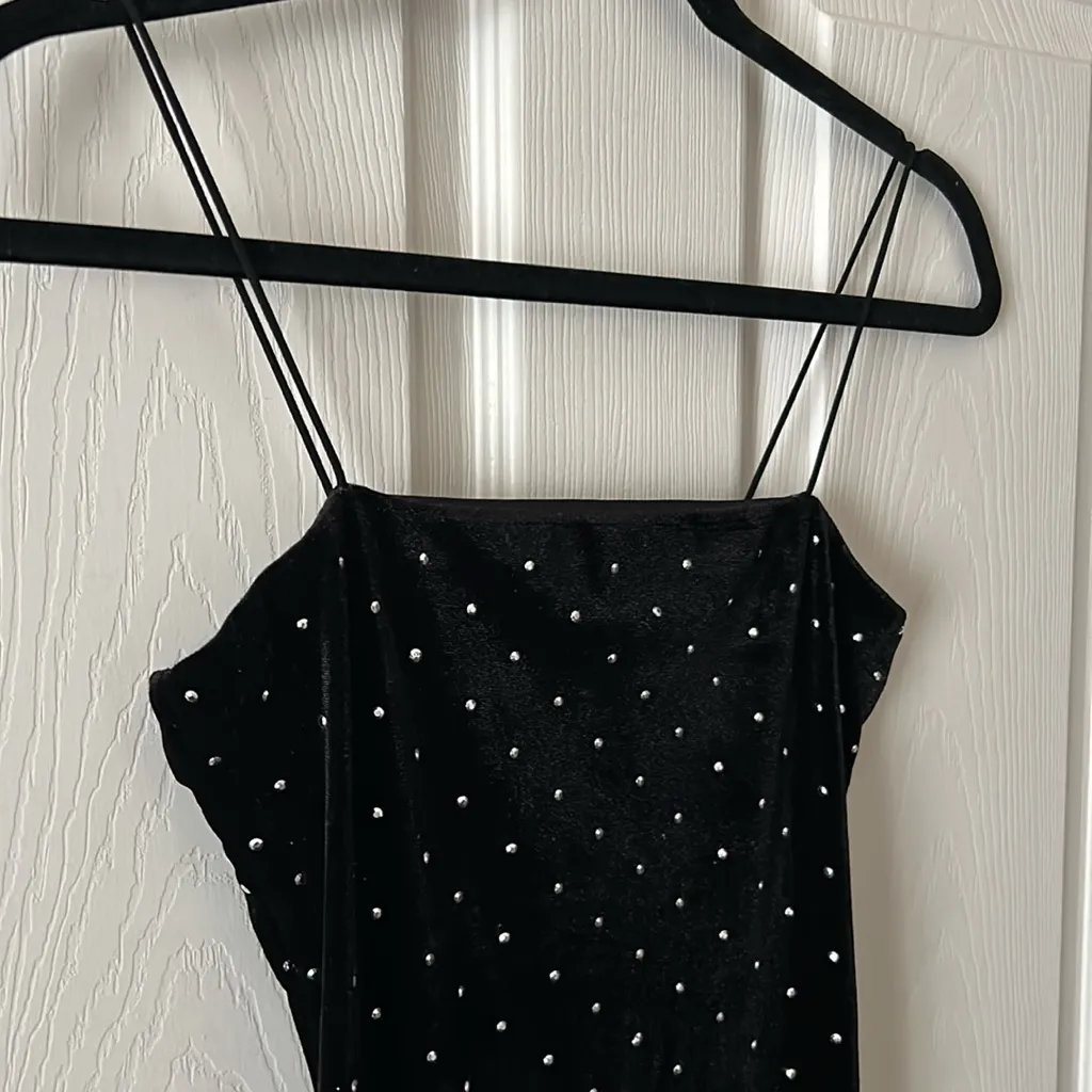 H&M Y2K Soft Stretchy Velvet Mini Dress Black Silver Embellishment Womens Sz XS‎ - Image 4
