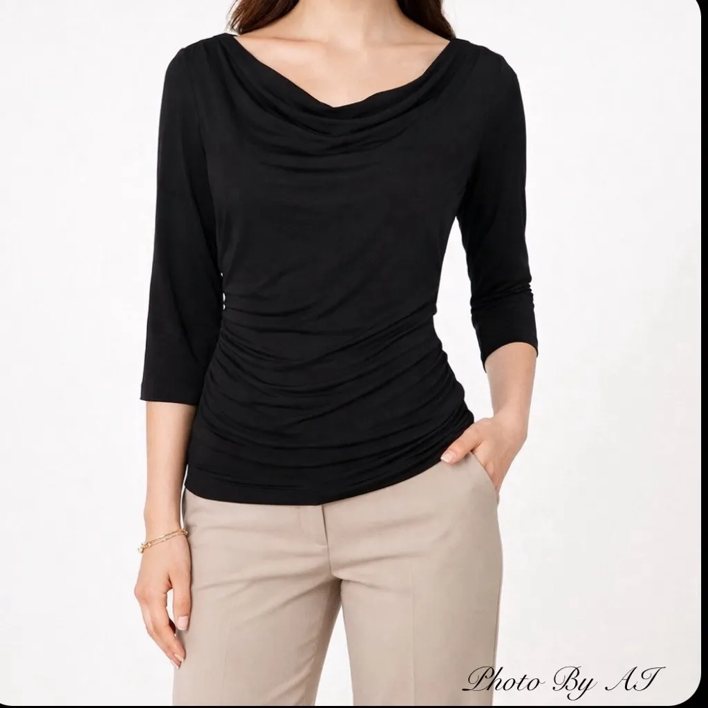 CLASSIQUES ENTIER Black Silk Top Cowl Neck Ruched Sides Womens Size Large - Image 8