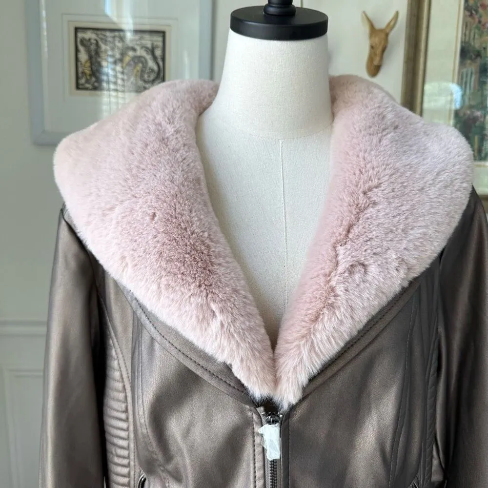 NWT Midnight Velvet Metallic Taupe Faux Leather Moto Jacket Pink Faux Fur Collar Brown Size 1X - Image 3