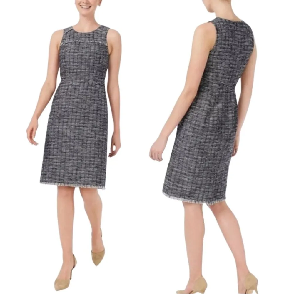 J.Crew Factory Tweed Fringe Sheath Dress Women's 2 Navy Sleeveless Career Preppy Blue - Image 2
