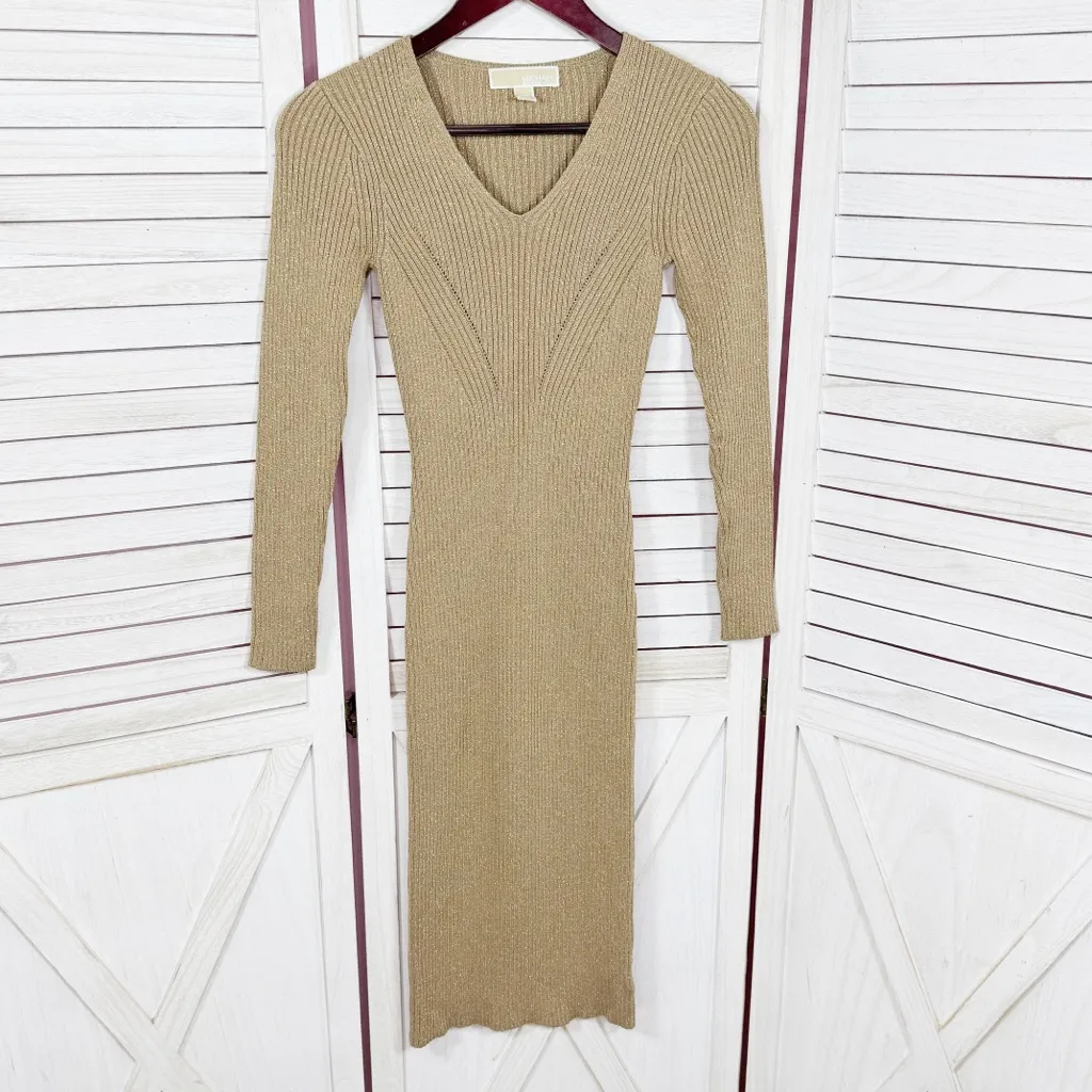 Michael Michael Kors Metallic Ribbed V Neck Sweater Sheath Dress Gold XXS - Image 8